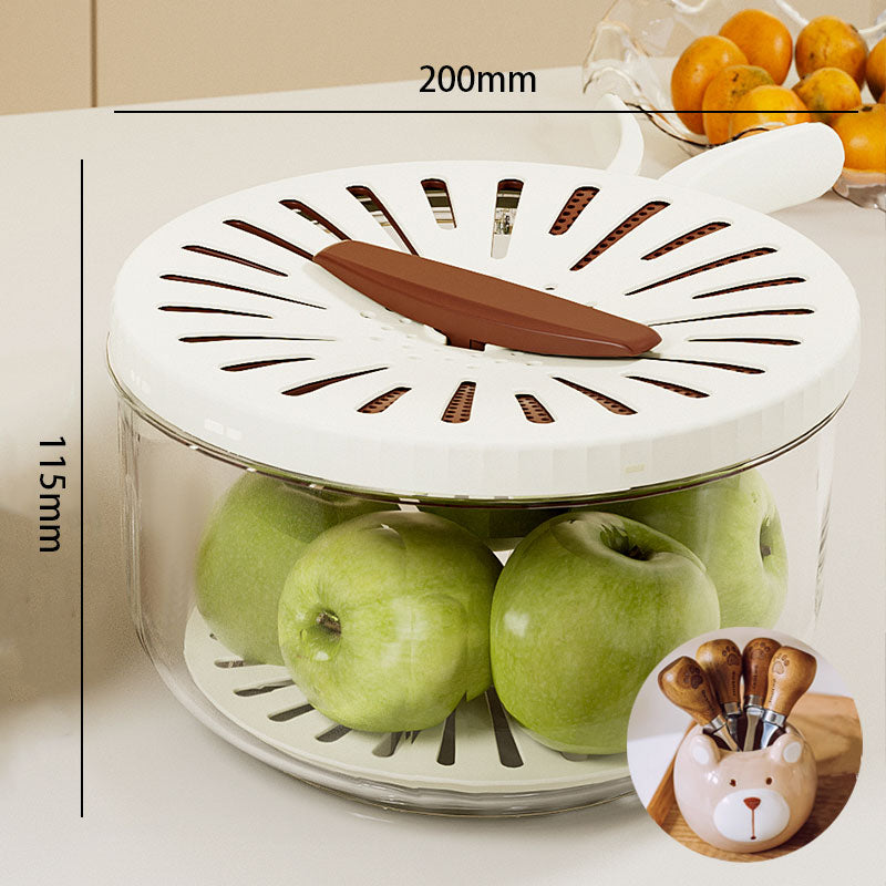 Fruit storage container with apples and a knife, labeled with dimensions.