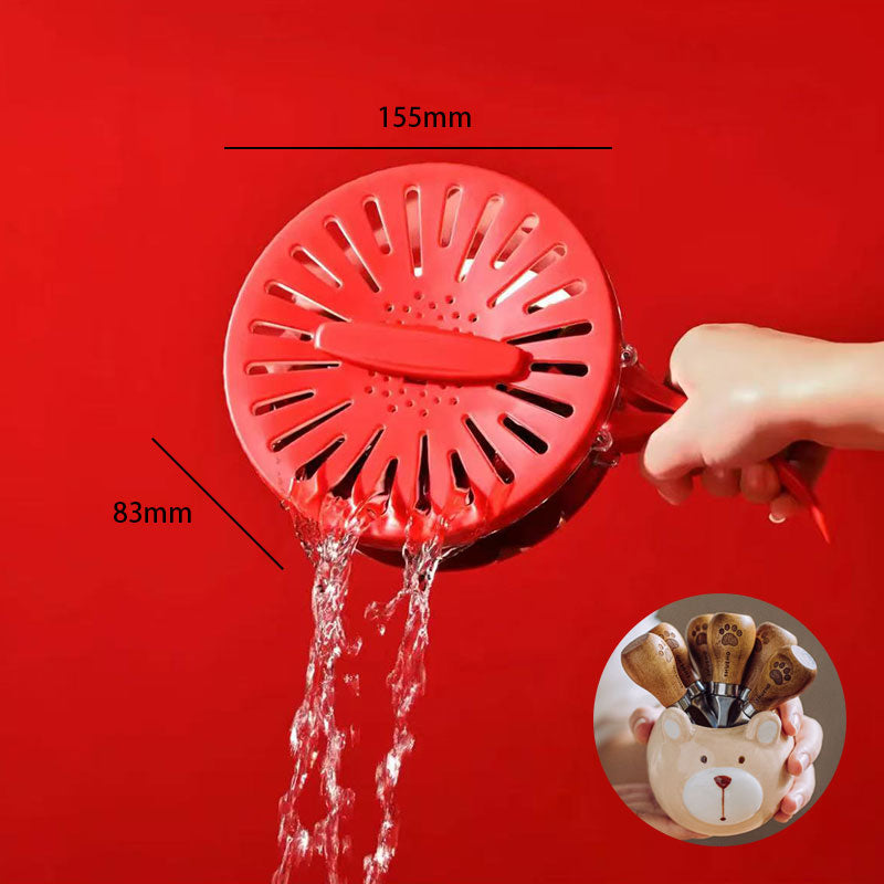 Red shower head with water flowing, measurements indicated, on a red background