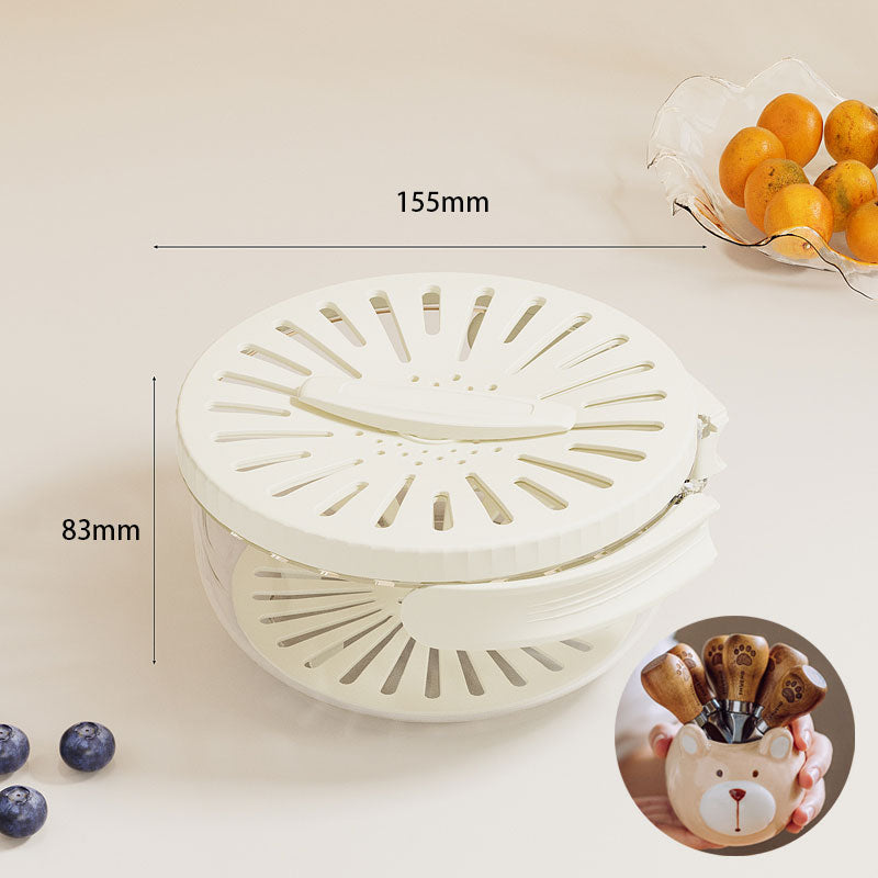 White kitchen strainer with measurements on a light background