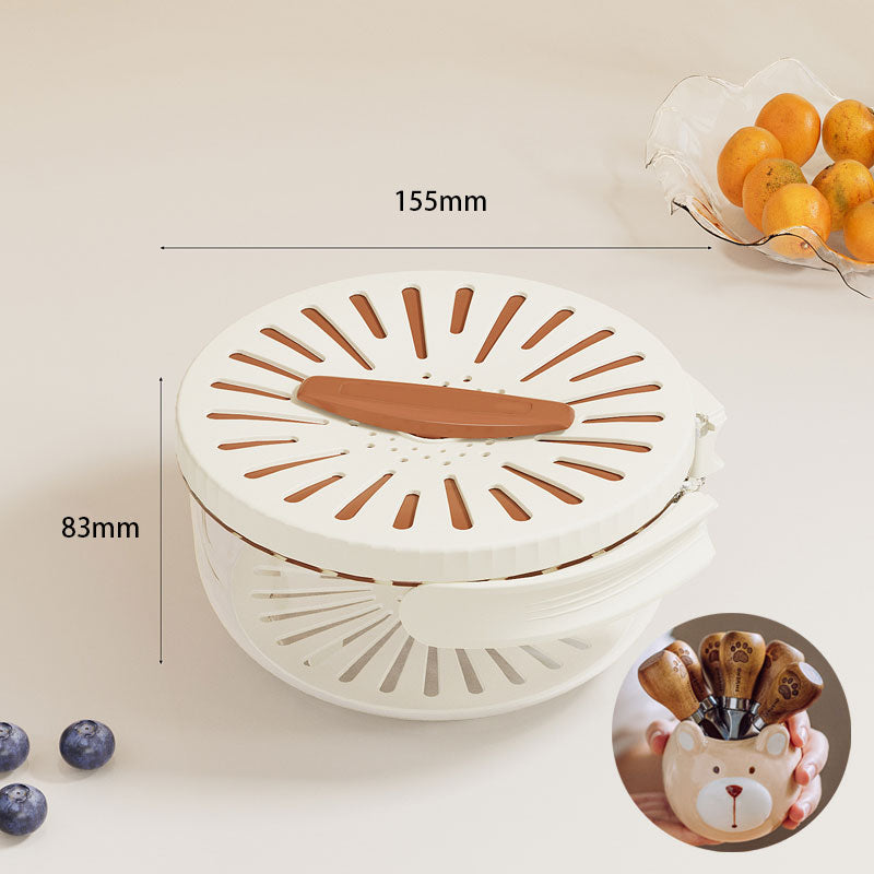 White kitchen tool with brown accents and measurements on a light background