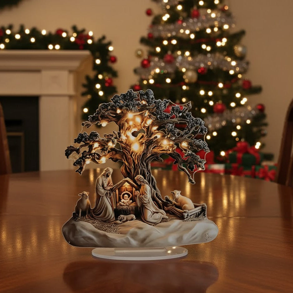 Decorative nativity scene with a tree-like design on a table in a festive room.