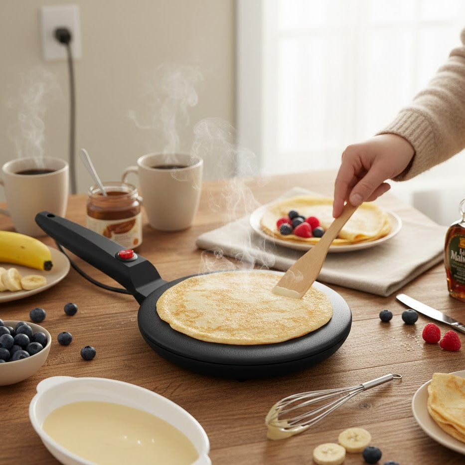 Person making pancakes on a griddle with coffee and fruit on a table