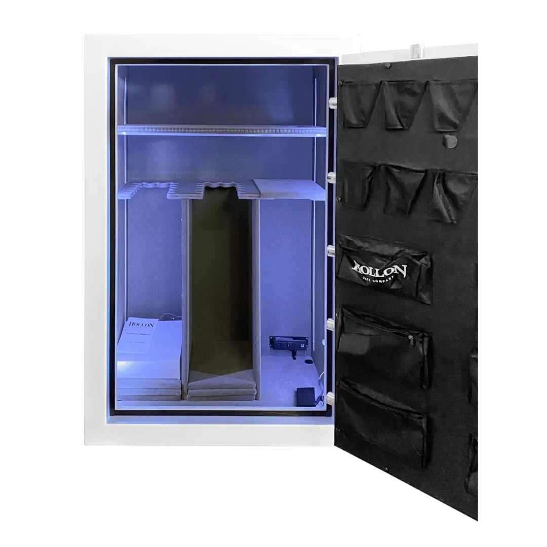 Hollon RG-39E WHITE Republic Gun Safe with the door open and interior illuminated