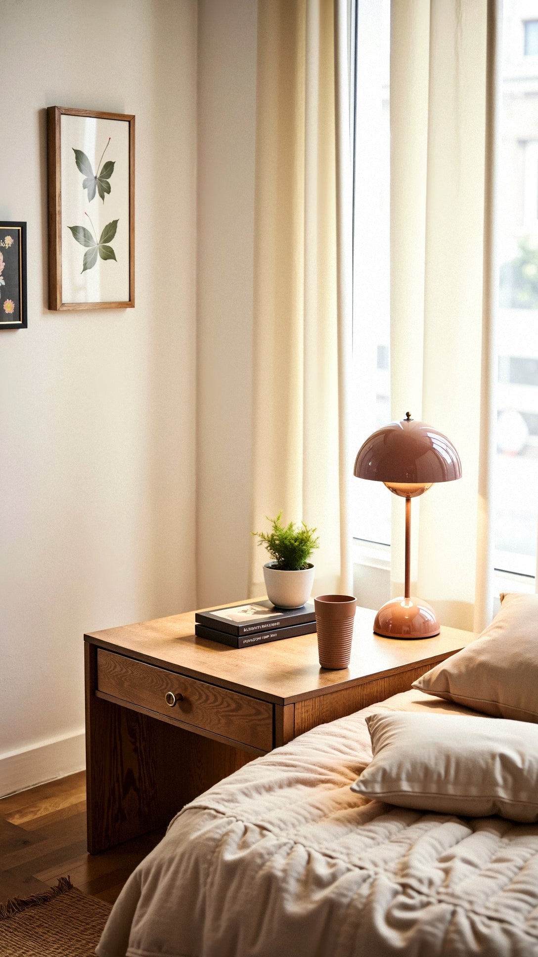 Nestled corner of a bedroom with wooden nightstand, lamp, and decor.