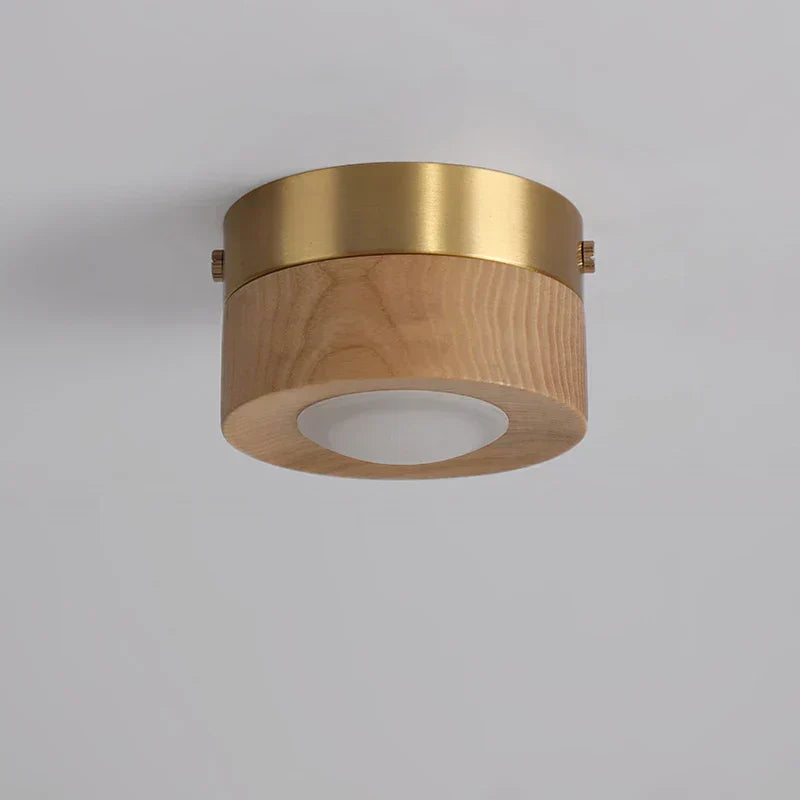 Ceiling light fixture with brass and wood design on a gray background