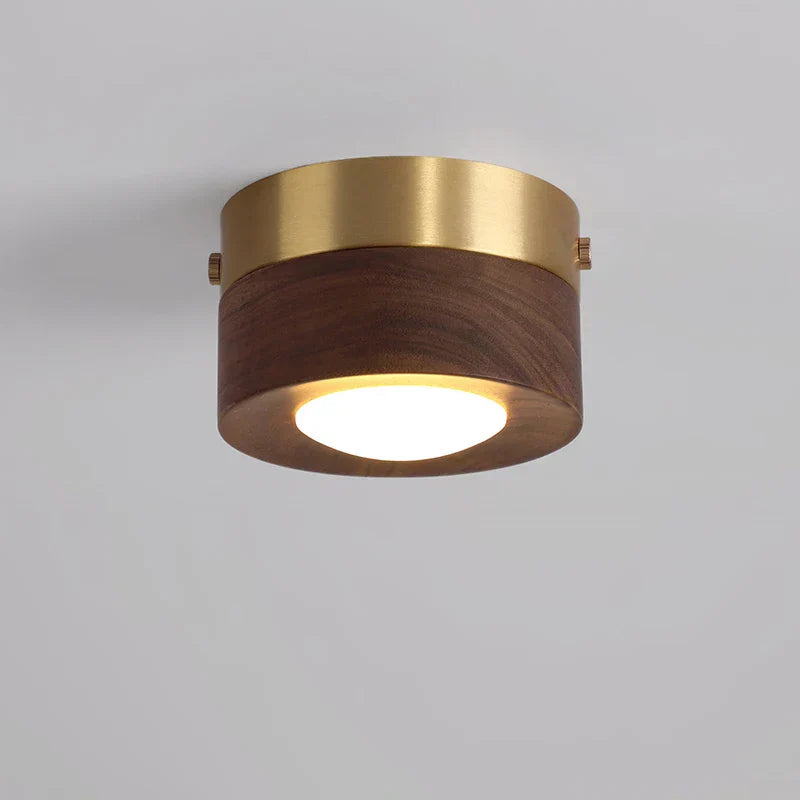 Ceiling light fixture with wooden and brass design on a gray background