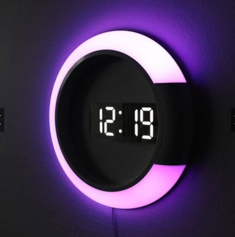 Modern wall clock with digital display and purple LED light ring