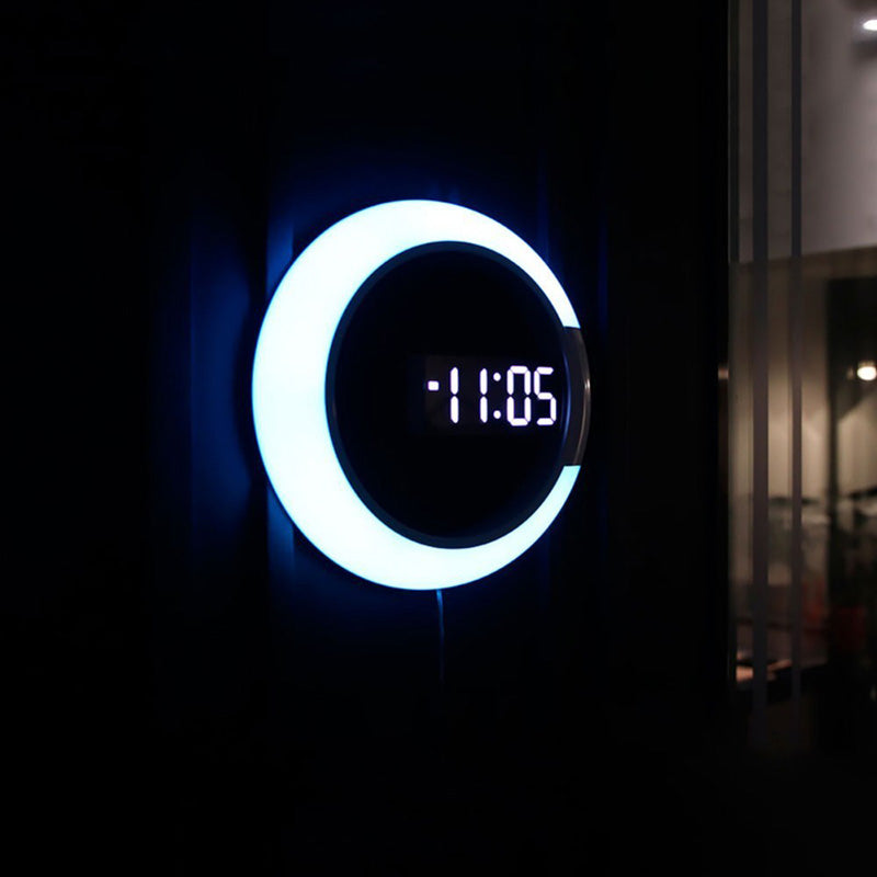 Modern wall clock with digital display and white LED light ring