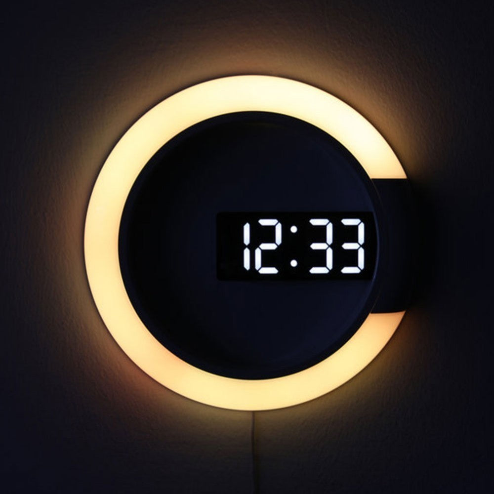 Modern wall clock with digital display and yellow LED light ring