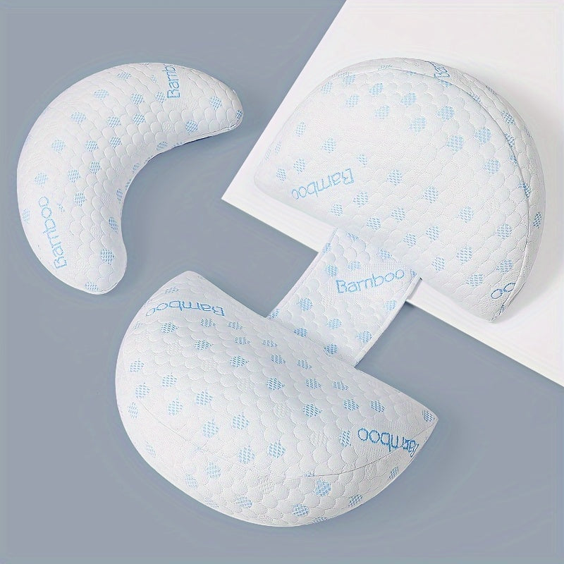 Three U-shaped pillows with 'Bamboo' branding on a gray background