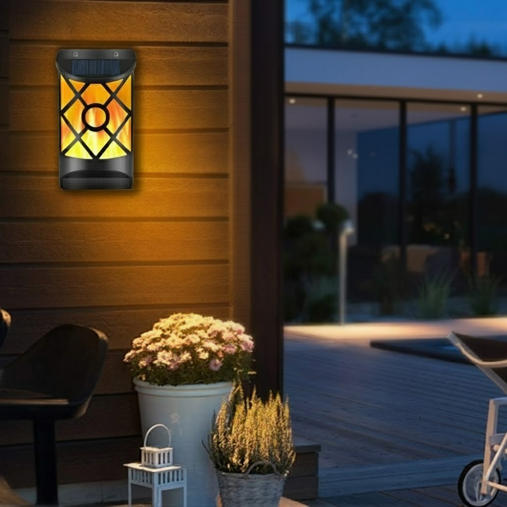 Solar wall light on a wooden deck with potted plants and outdoor furniture.