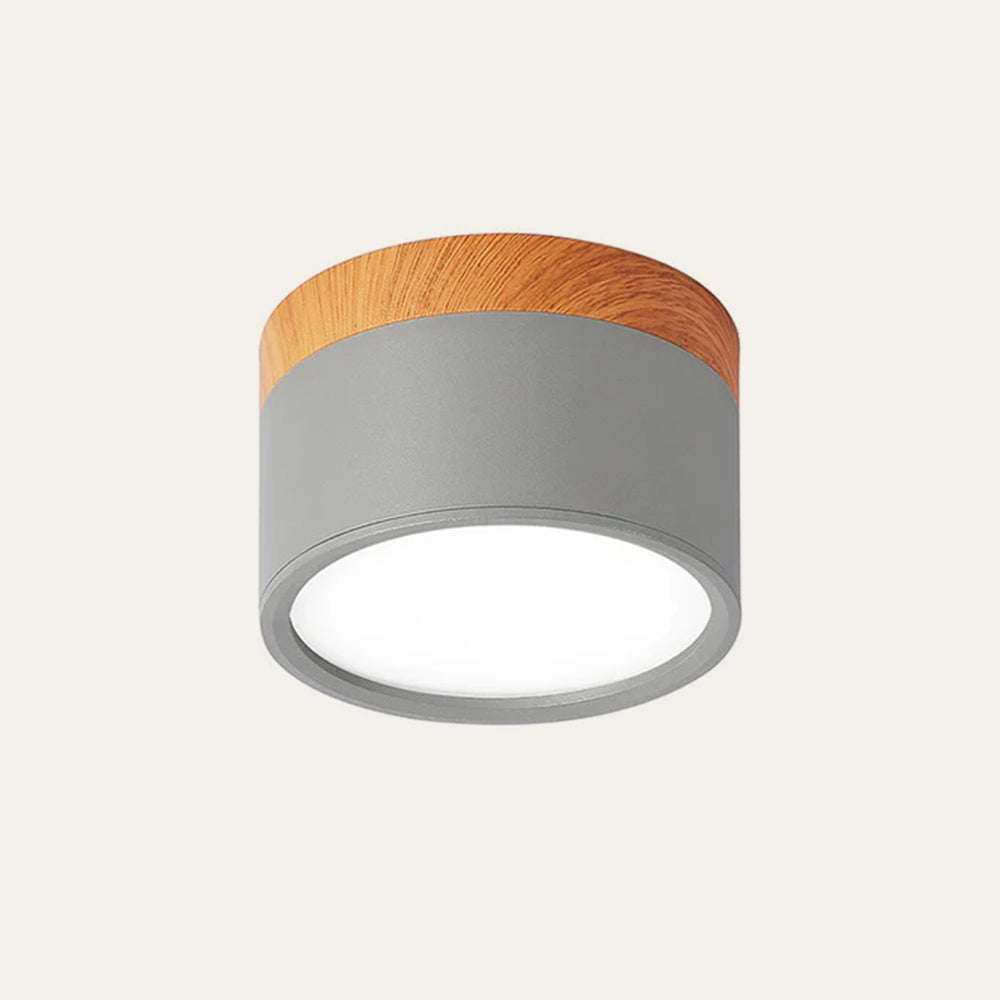 Ceiling light fixture with gray base and wooden top on a white background