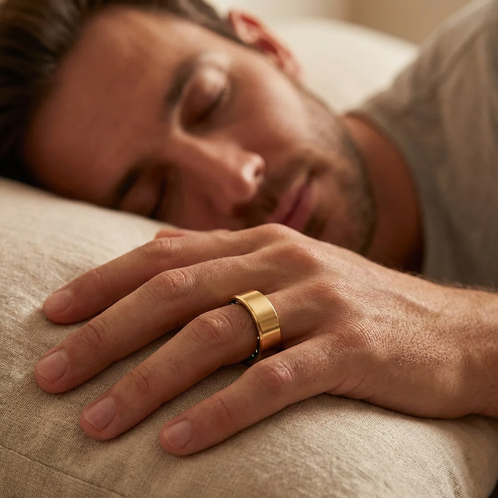 Man lying down with a gold ring on his finger, close-up of hand.