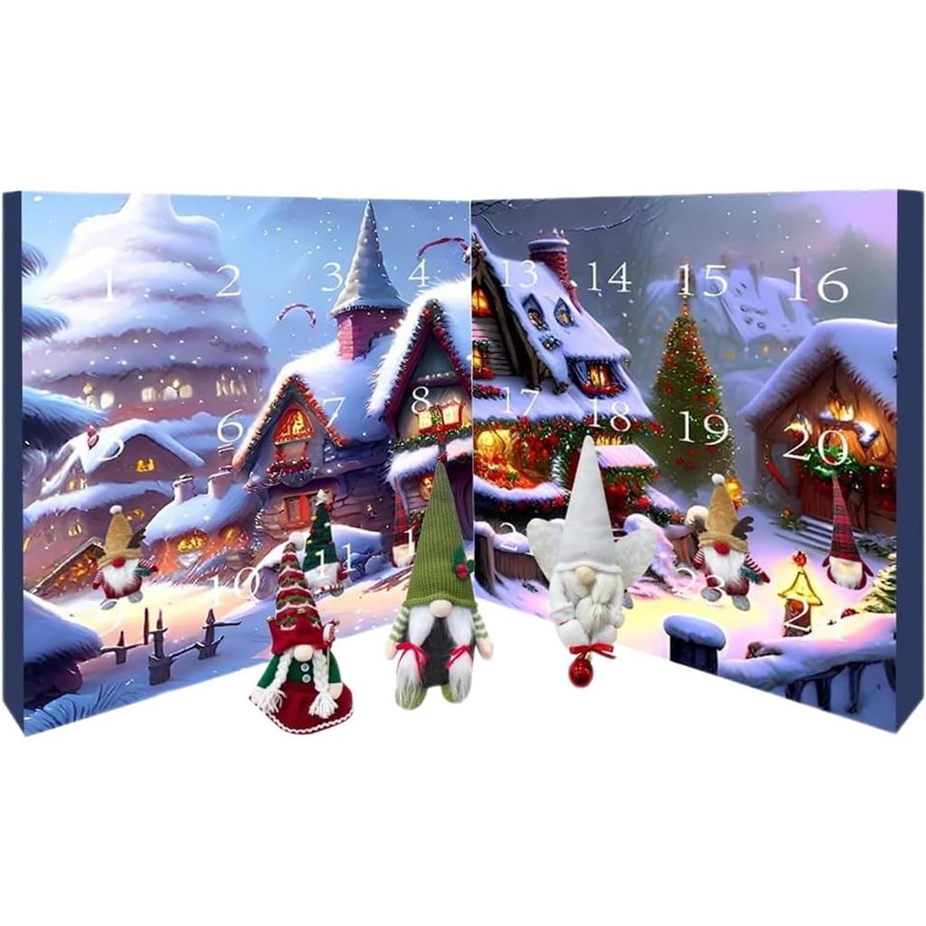 Advent calendar with snowy village scene and gnomes, showing days 1 to 24.