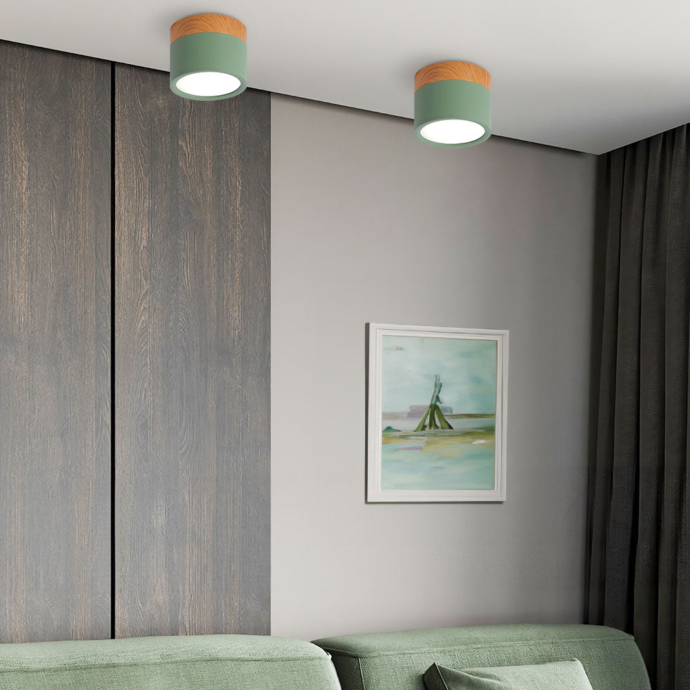 Modern living room with green ceiling lights, gray wall, and framed artwork.