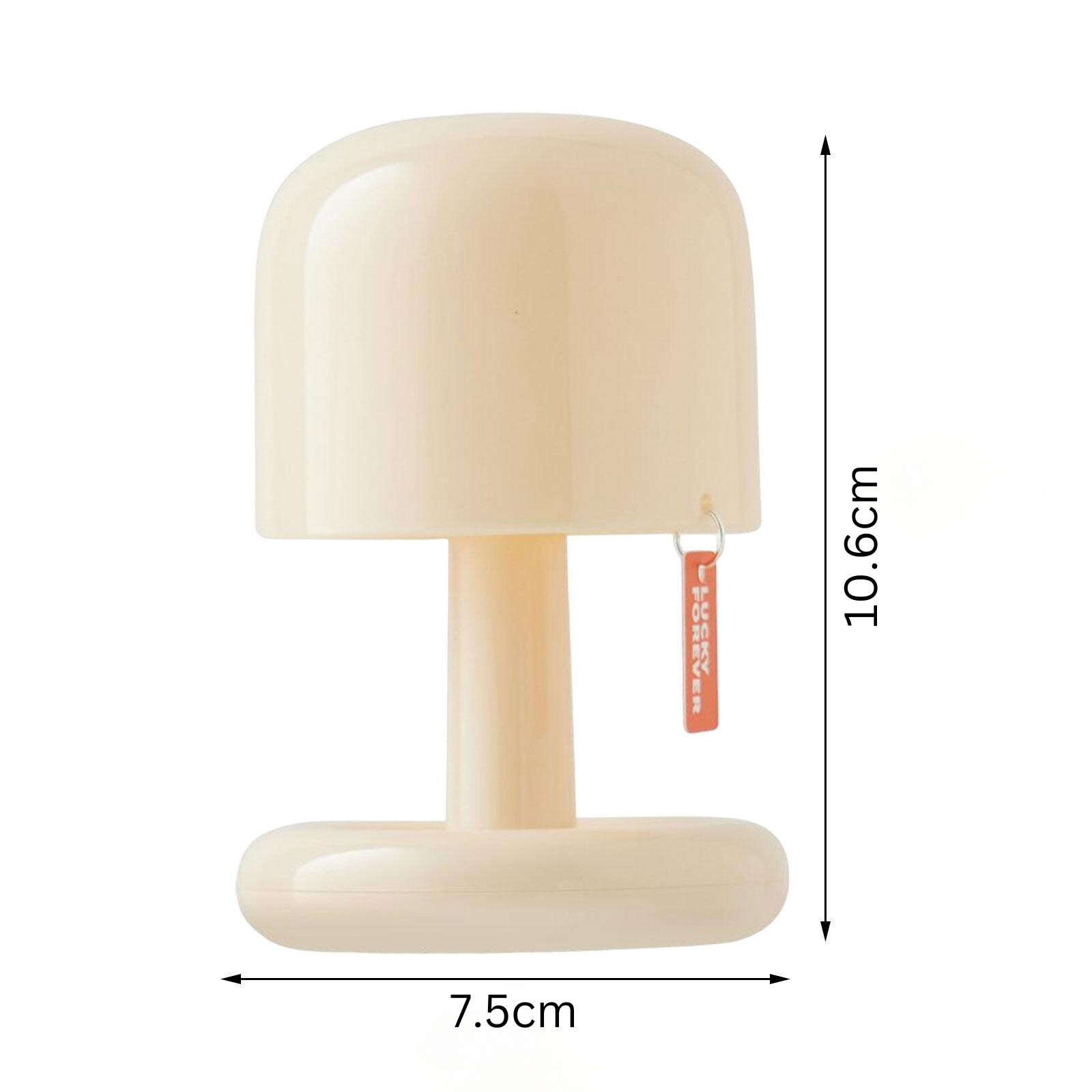 Small beige lamp with wooden base and dimensions indicated on a white background