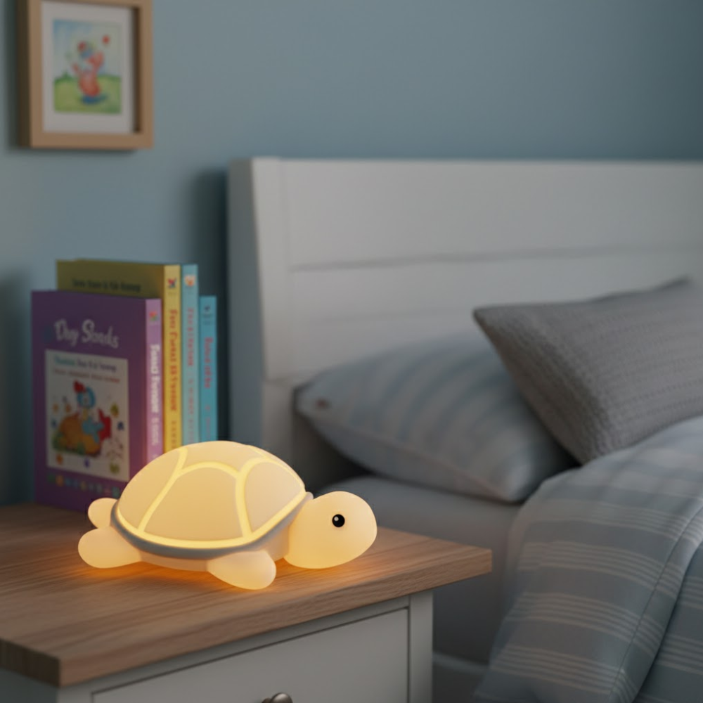 Tortoise-shaped night light on a bedside table in a bedroom setting