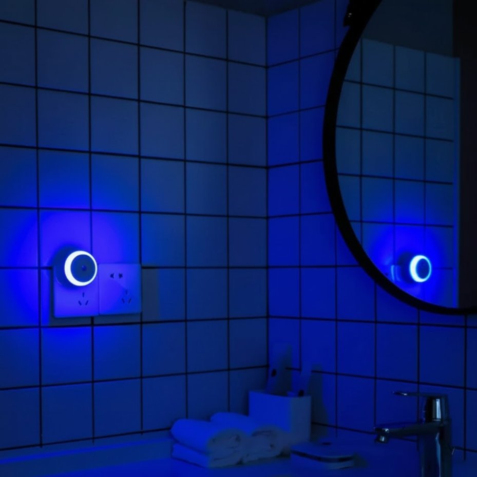 Bathroom with blue tiles, mirror, and towels under blue lighting