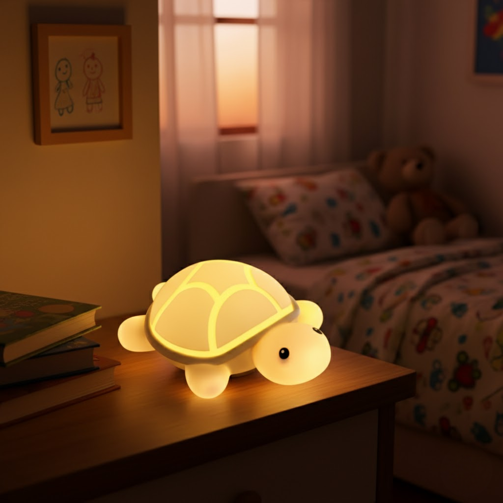 Tortoise-shaped night light on a bedside table in a bedroom setting