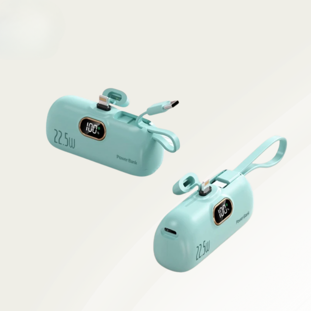 Two turquoise power banks with digital displays on a beige background