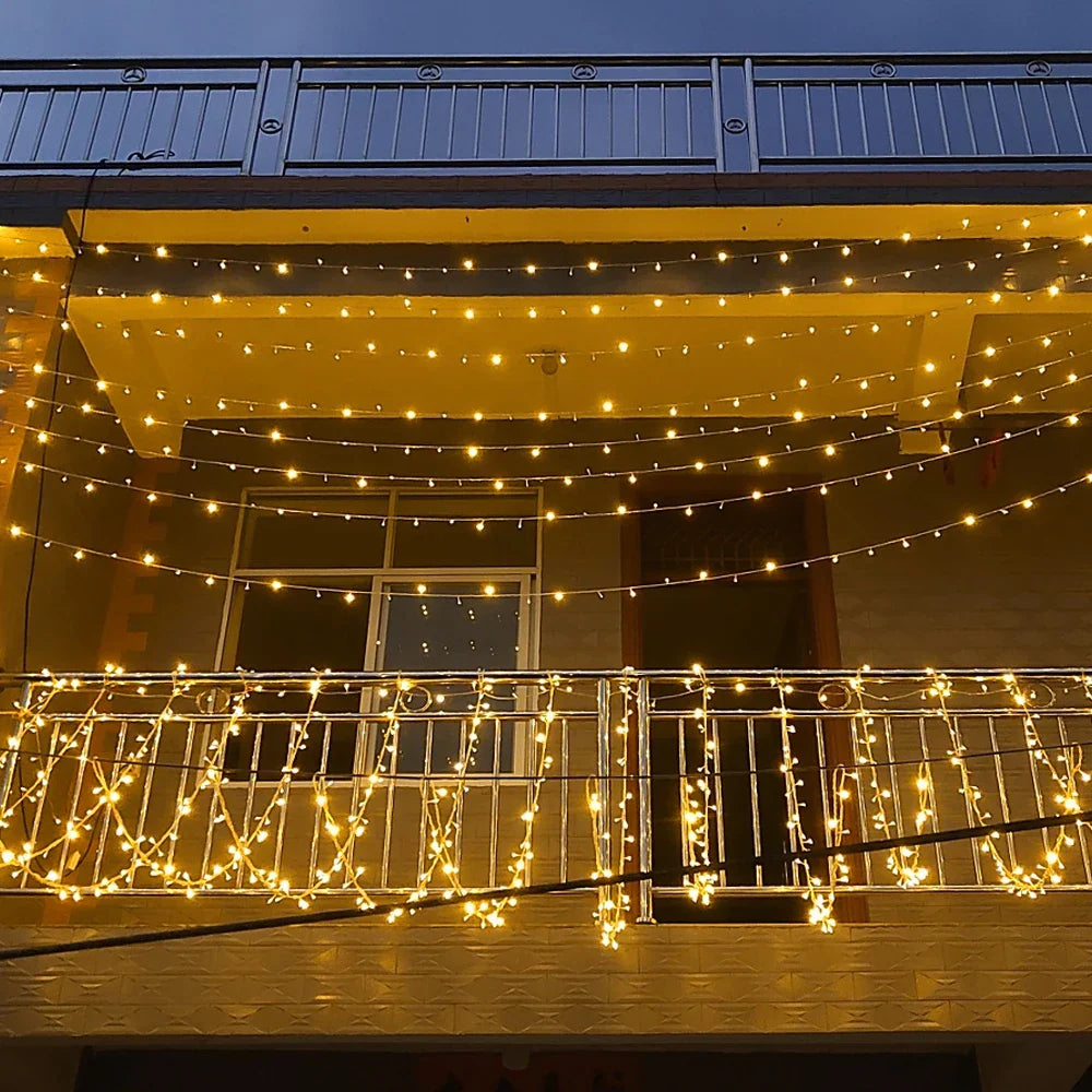 String lights on a balcony at night