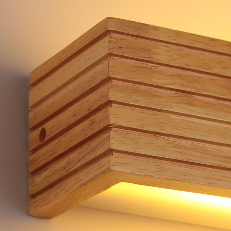 Wooden corner shelf with a warm glow on a neutral background
