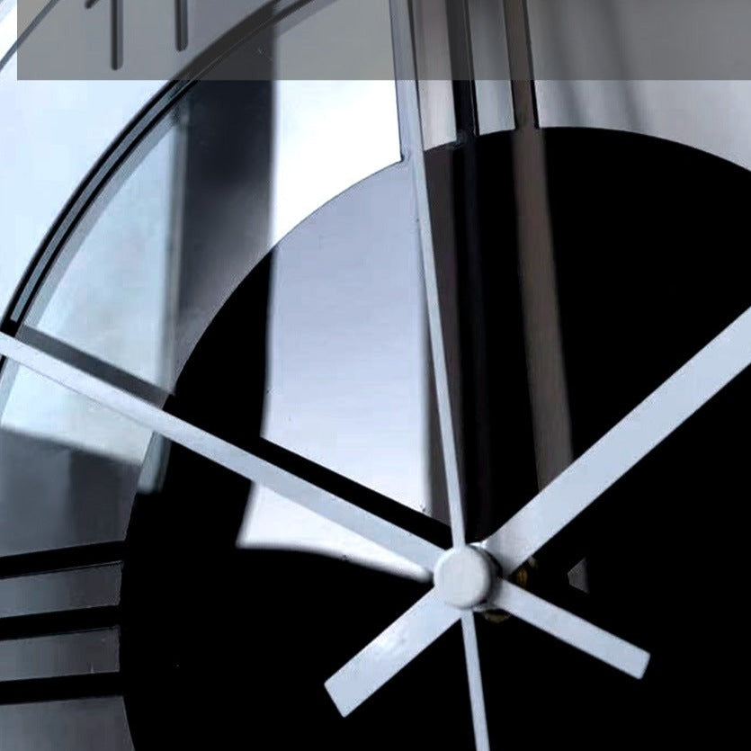 Close-up of a clock with a black and white design
