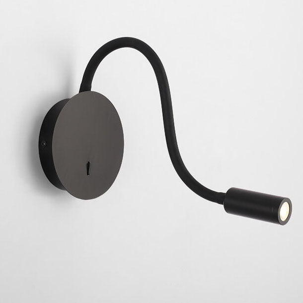 Black wall-mounted lamp with flexible neck on a light gray background