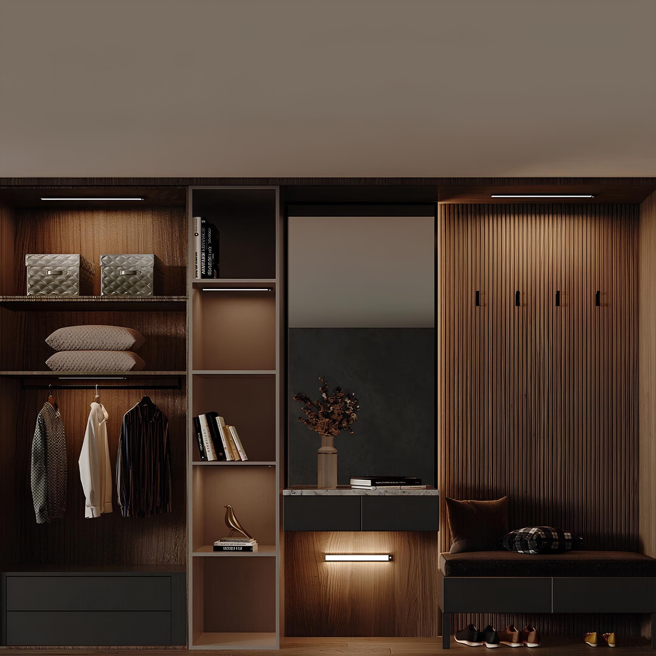 Modern walk-in closet with wooden shelves, mirror, and clothing.