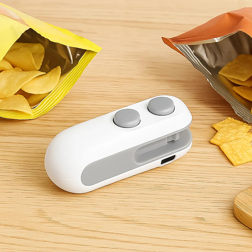White and gray stapler on a wooden surface with open bags of chips.