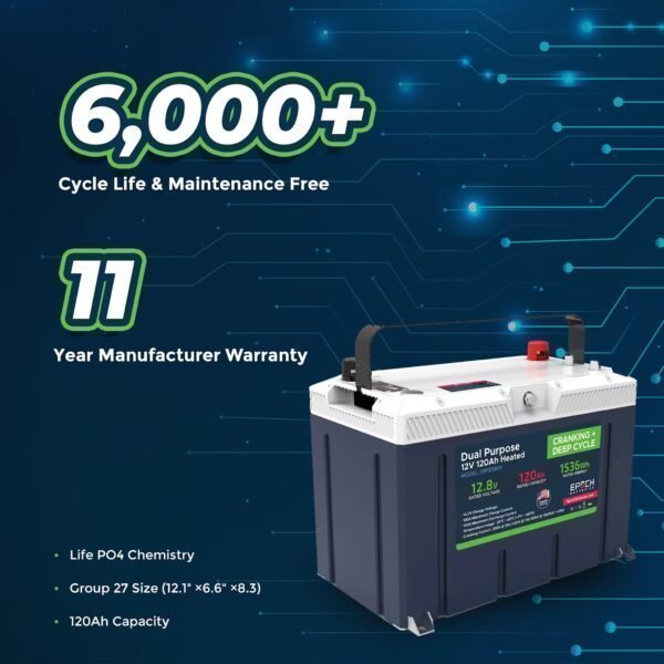 12V 120AH Group 27 LiFePO4 Battery Cranking & Deep Cycle Lithium Battery (Dual Purpose)