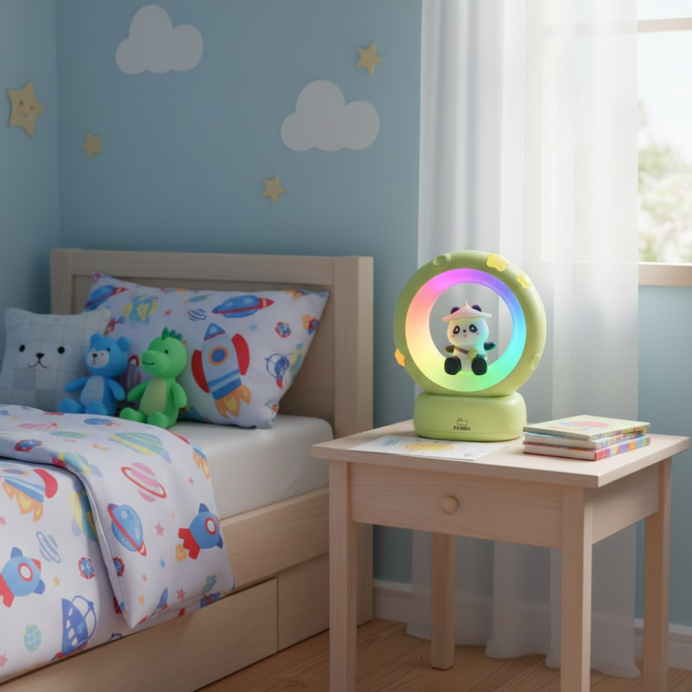Children's bedroom with a bed, nightstand, and colorful lamp.