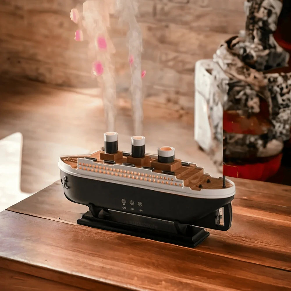Model of a ship on a wooden surface with a blurred background