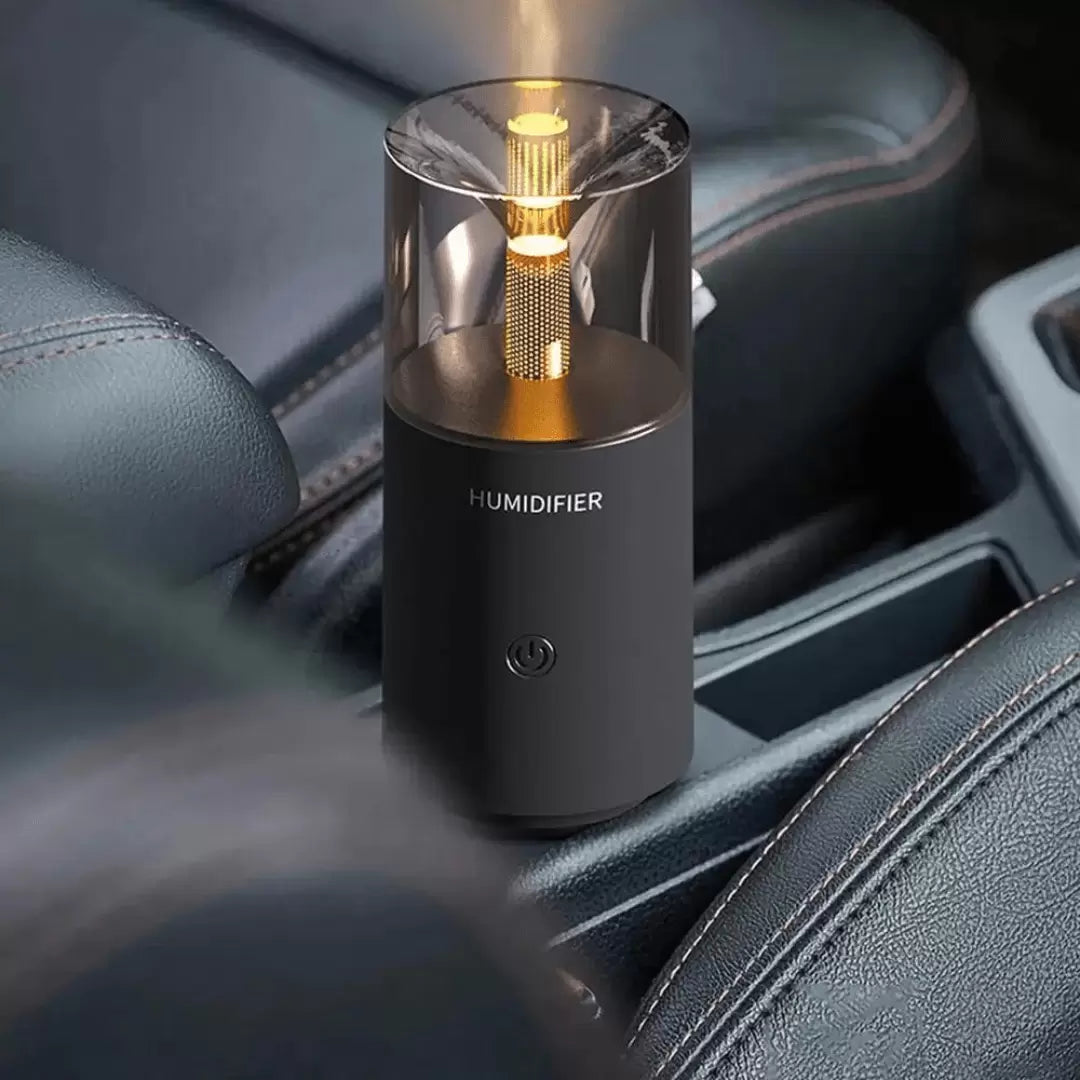 Car humidifier on a car's console with steam coming out