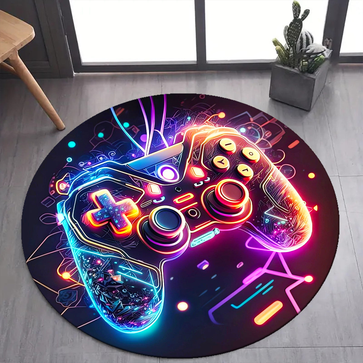 Round rug with a colorful gaming controller design on a wooden floor.