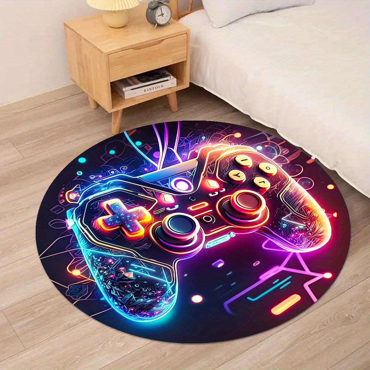 Round rug with a colorful gaming controller design on a wooden floor.
