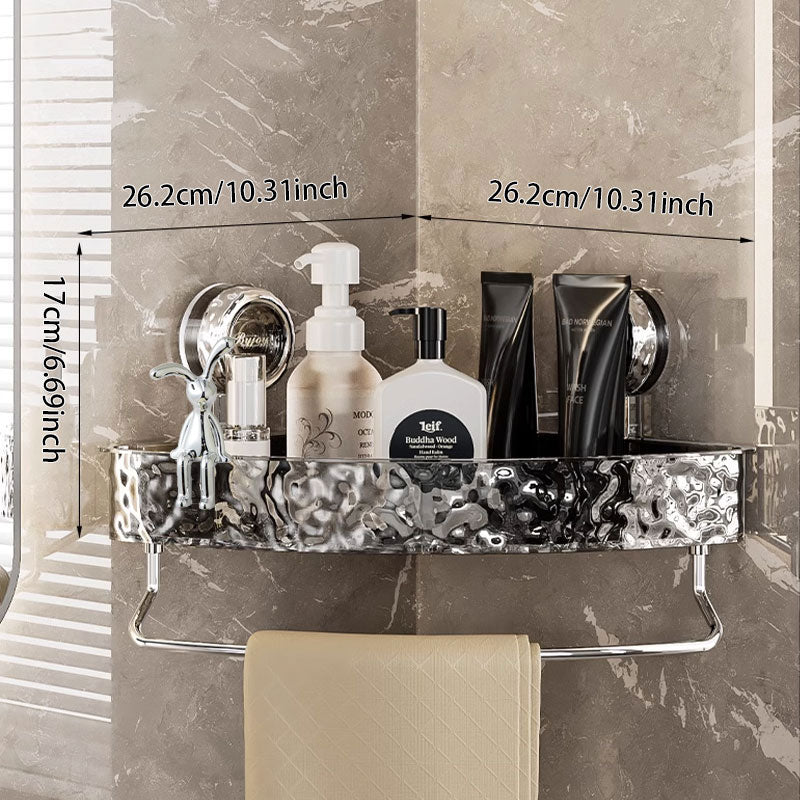 Bathroom shelf with toiletries and dimensions labeled on a marble wall.