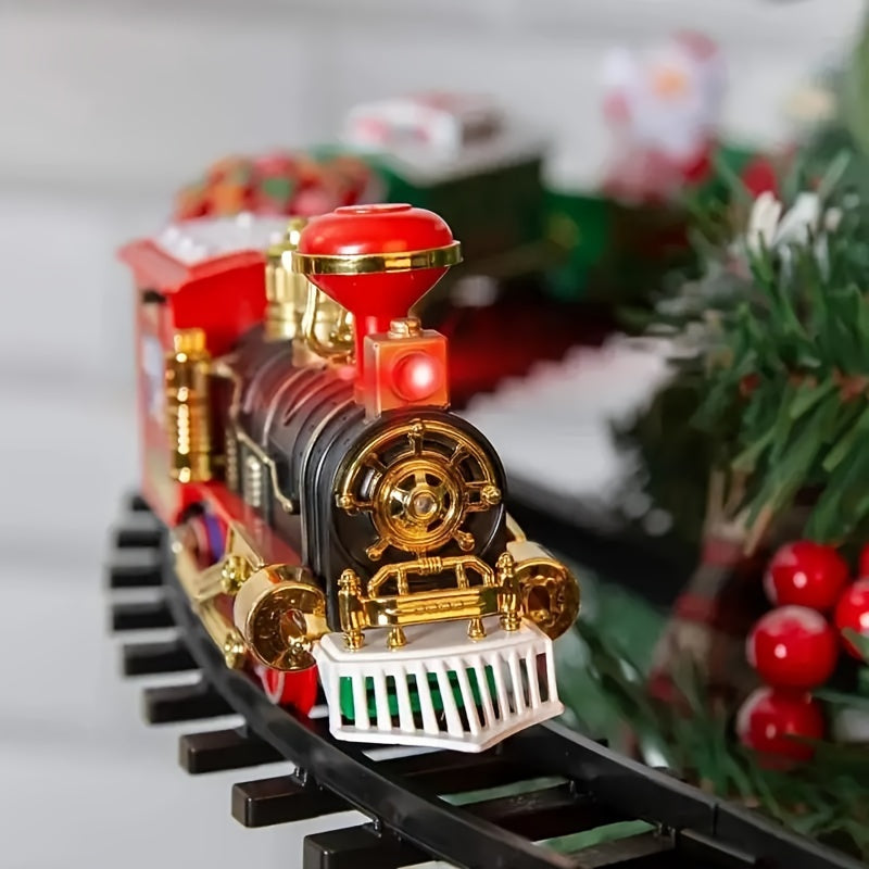 Close-up of a toy train engine on tracks with a festive background