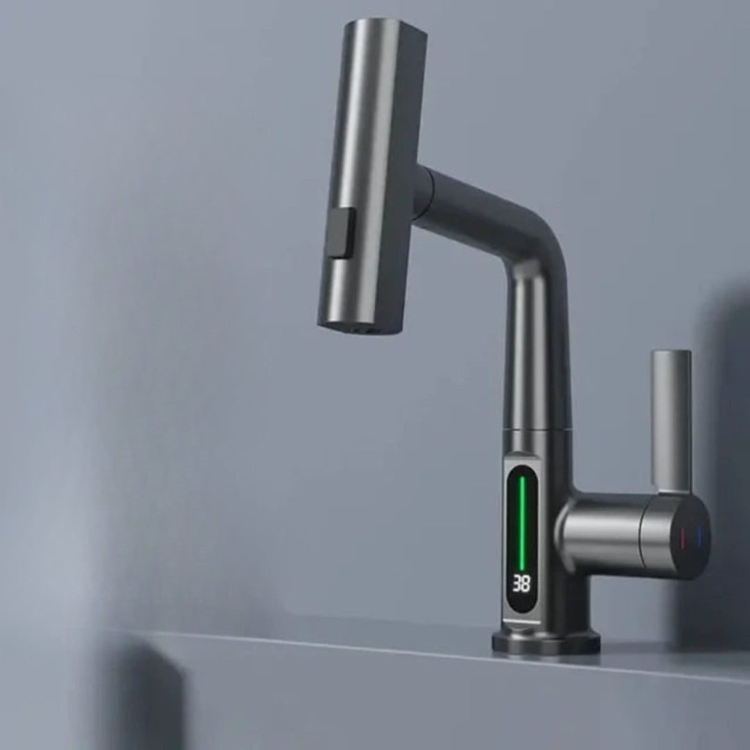Modern kitchen faucet with digital display on a gray background