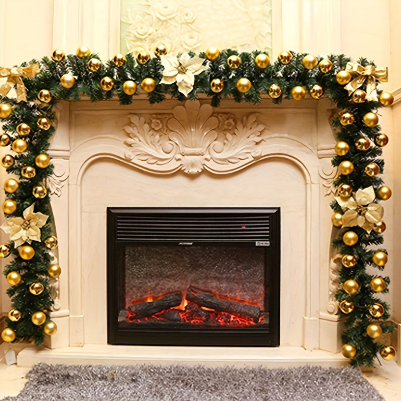 Decorative Christmas garland with gold ornaments and lights on a fireplace mantle.