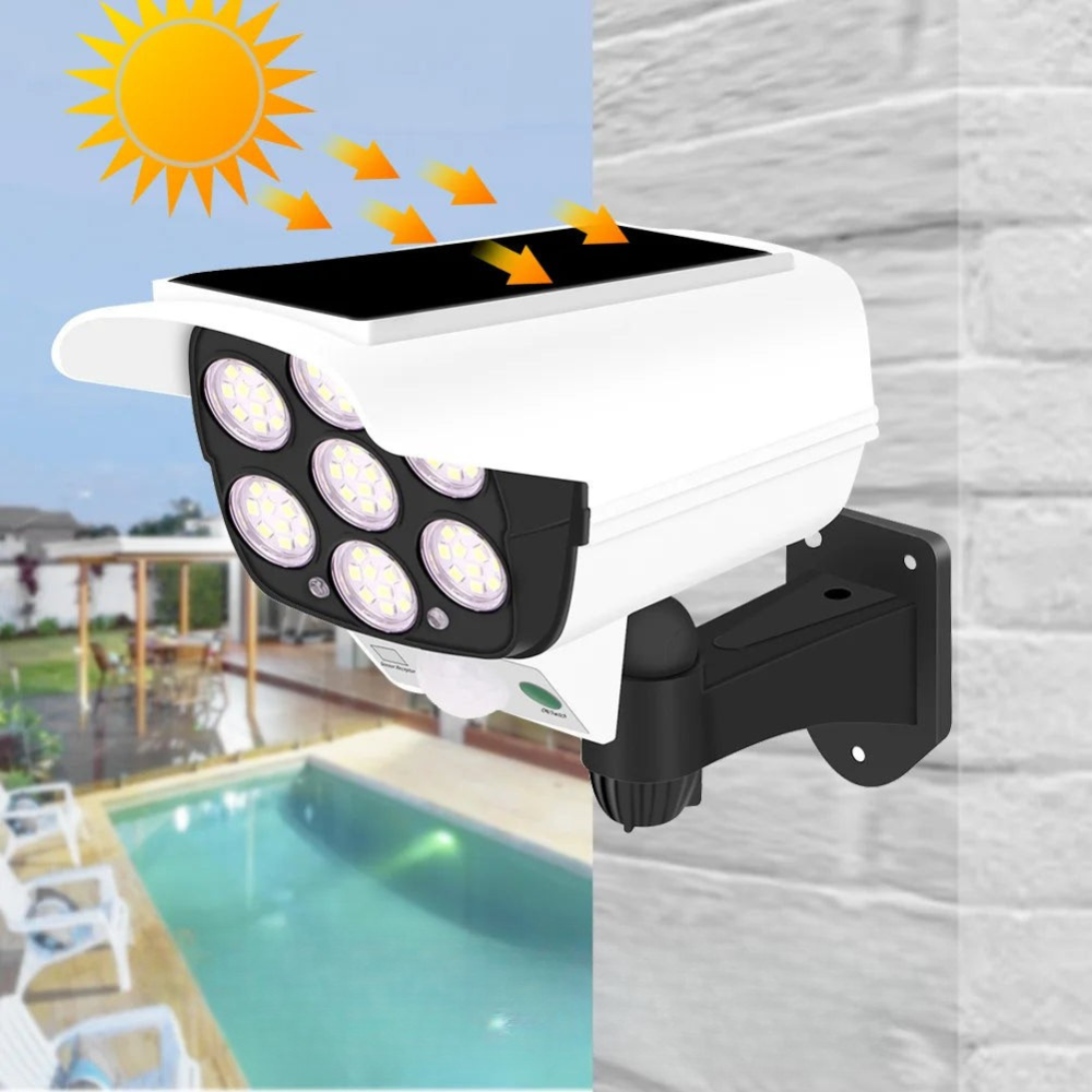 Solar security camera with outdoor setting and pool area background