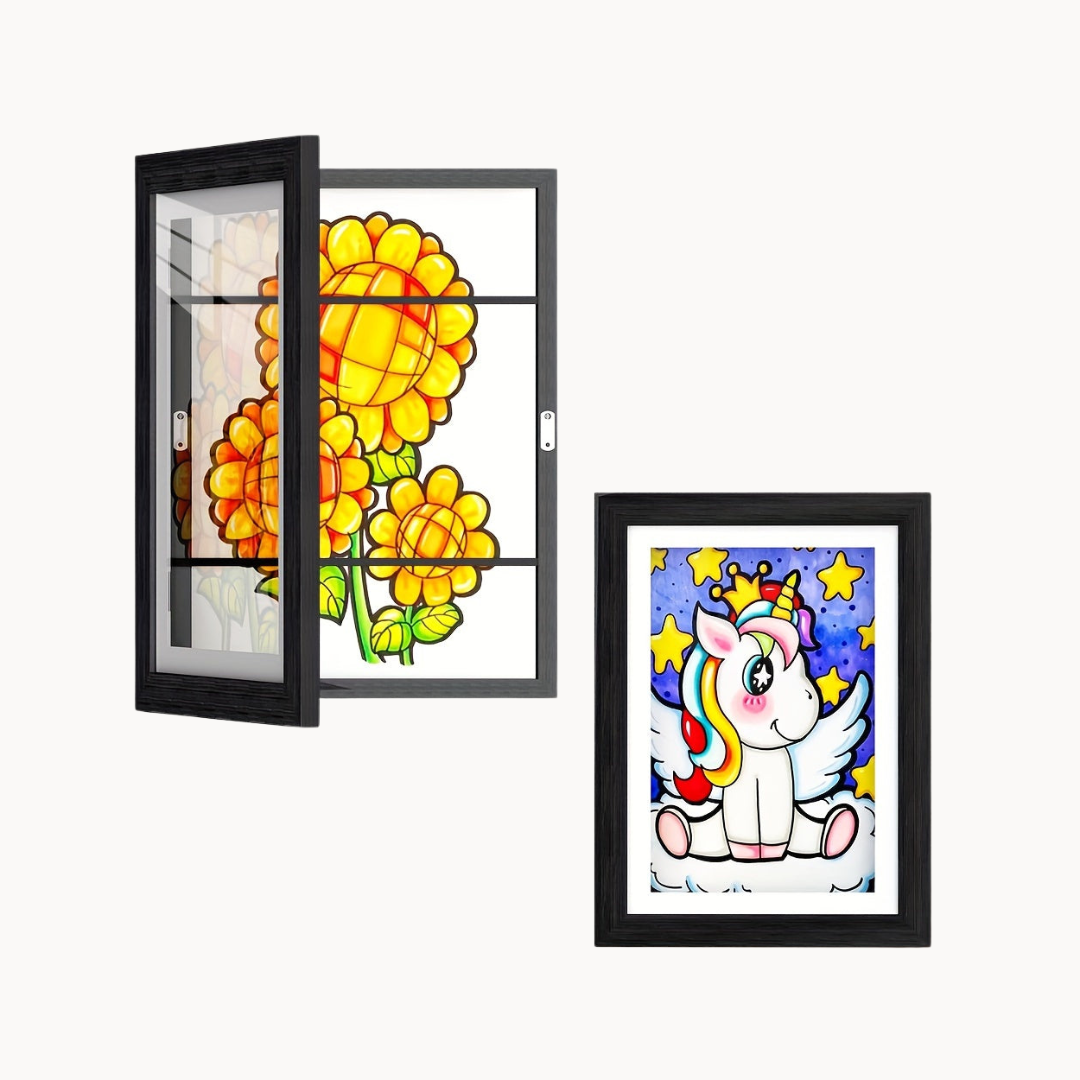 Framed artwork of flowers and a unicorn on a white background