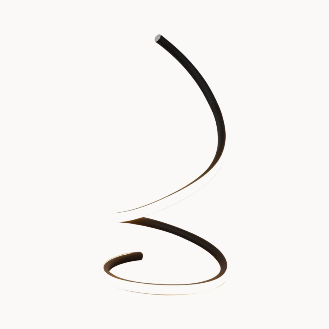 Modern floor lamp with curved design on a white background