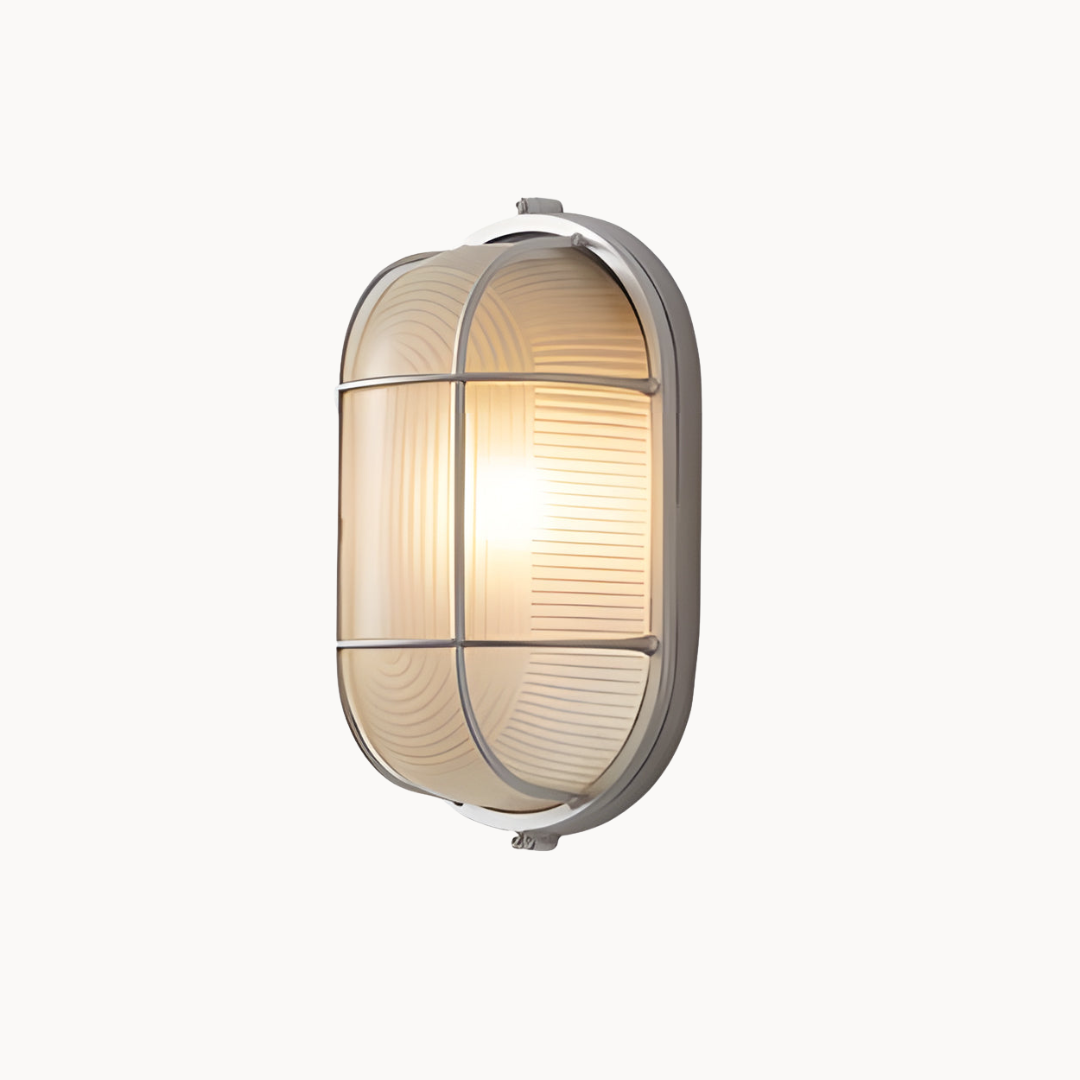 Wall-mounted outdoor light fixture with glass cover on a white background