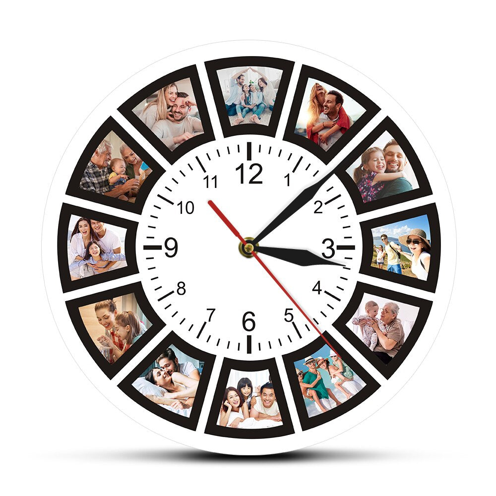 Round clock with black frame displaying multiple family photos
