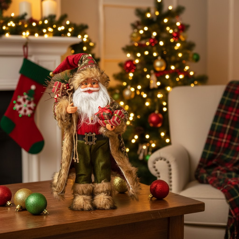 Decorative Santa figure on a table with a Christmas tree and stockings in the background