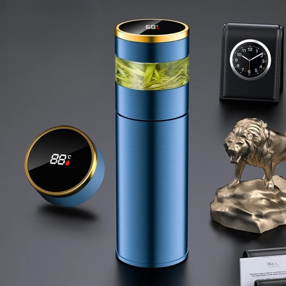 Blue thermos bottle with digital temperature display on a dark background