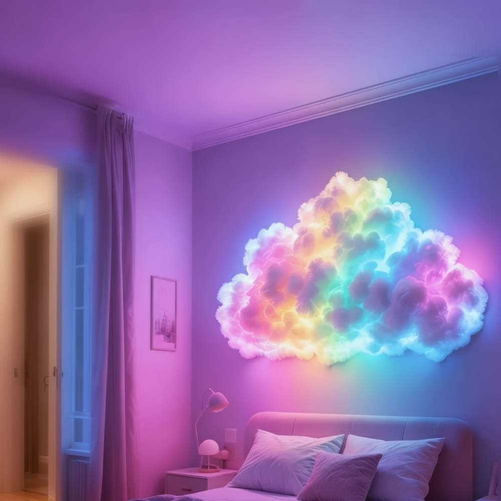 Neon cloud light fixture in a bedroom with pink and purple hues.