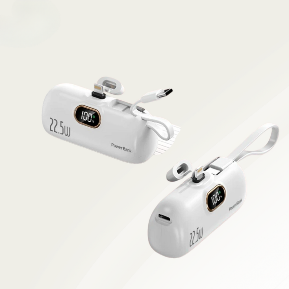 Two white power banks with digital displays on a light gray background