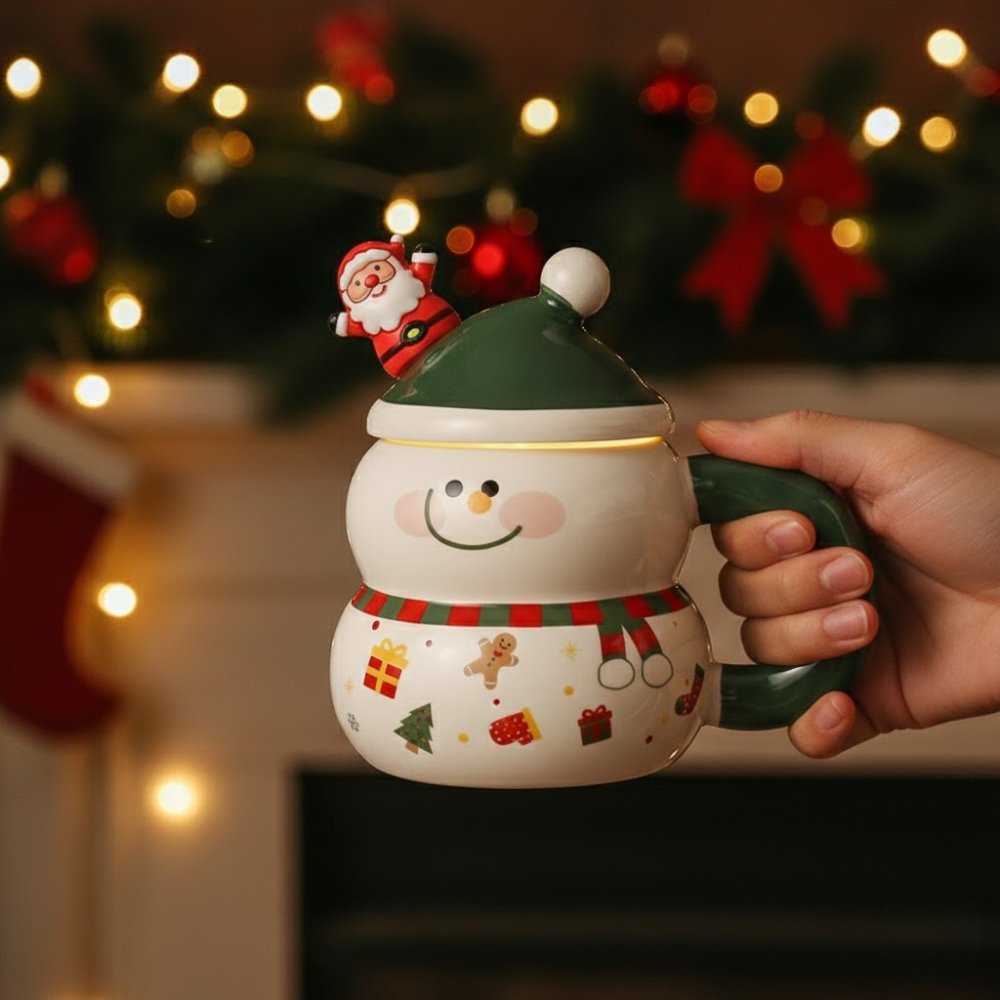 Snowman-themed mug with Santa on top, held by a hand against a festive background.